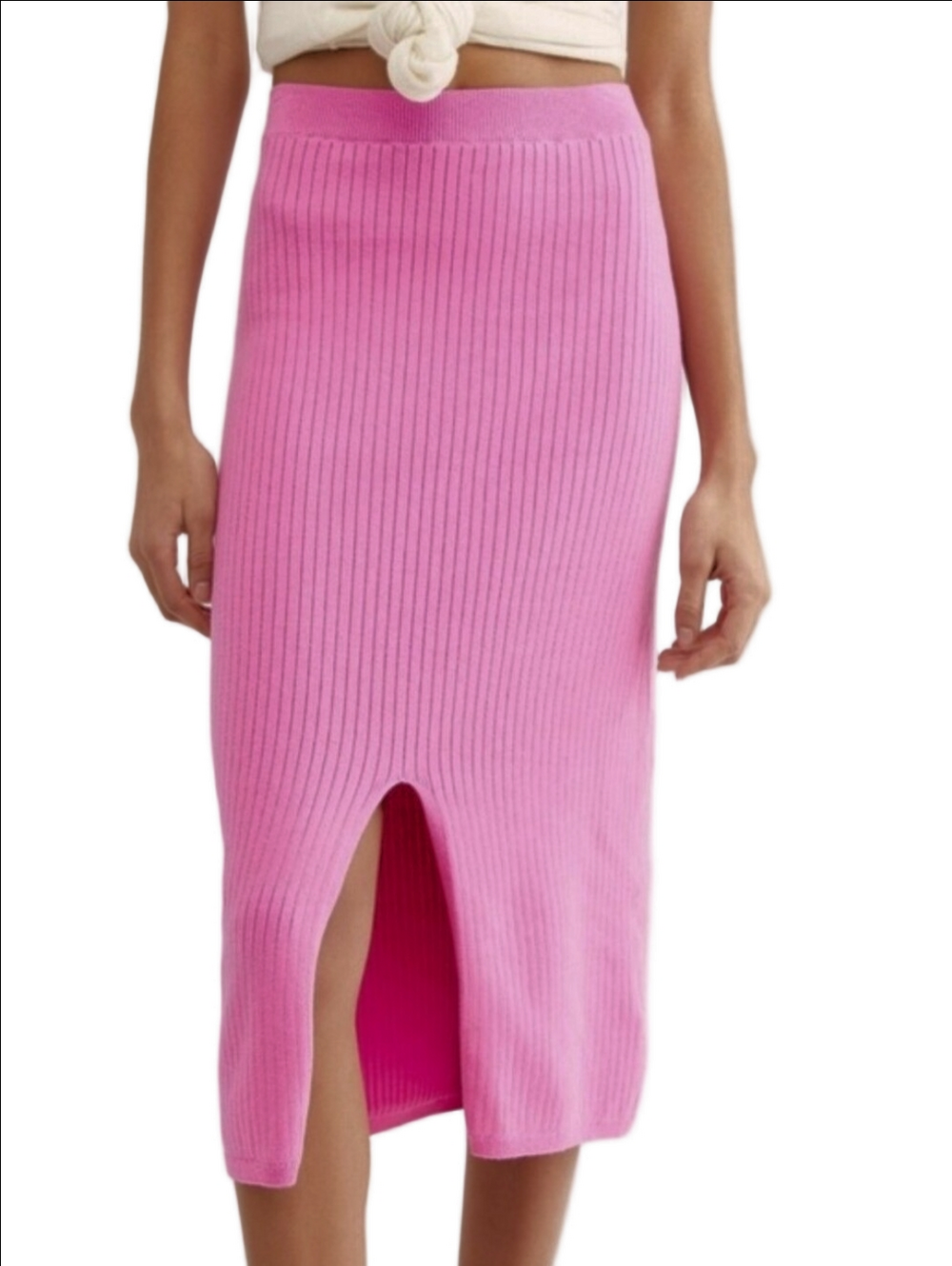 🩷 FREE PEOPLE SKYLINE PINK RIBBED MIDI KNIT HIGH WAIST SKIRT FRONT SLIT BODYCON